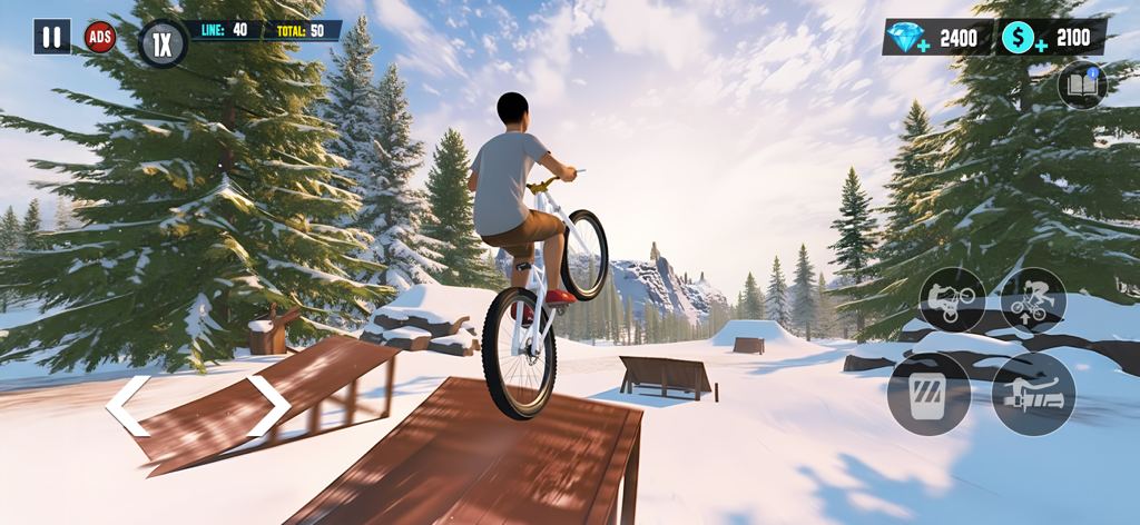 BMX Playground - 눈 덮인 산악 공원의 나무 경사로에서 트릭을 선보이는 BMX 라이더