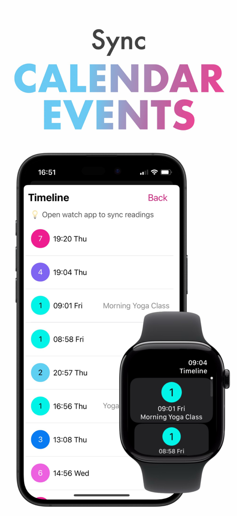 StressFace app on iPhone and Apple Watch showing stress scores synced with calendar events like a morning yoga class