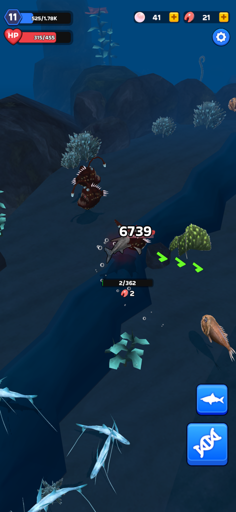 A shark attacking deep sea fish in Shark Universe Survival World