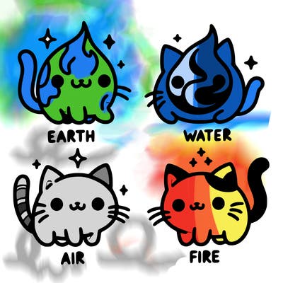4 cats that represent the different elements, earth, water, air, and fire