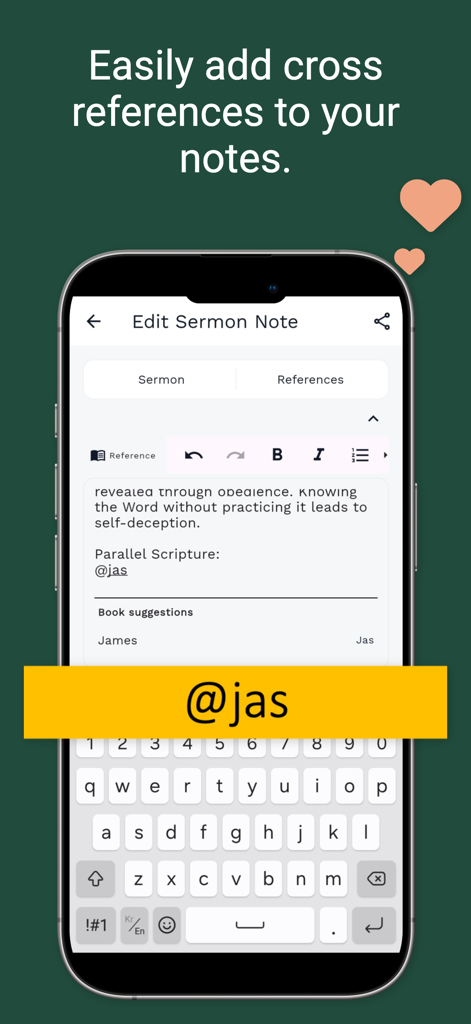 Bible Note - Sermon & Prayer - Interfaz de la aplicación Biblia Nota que demuestra cómo añadir referencias cruzadas de las escrituras a las notas de sermones utilizando etiquetas.