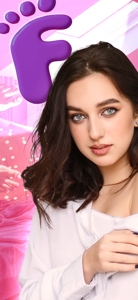 FF-Feet Find Vault - Intro screen for FF-Feet Find Vault app featuring a purple foot shaped letter F logo and a young woman on a pink background