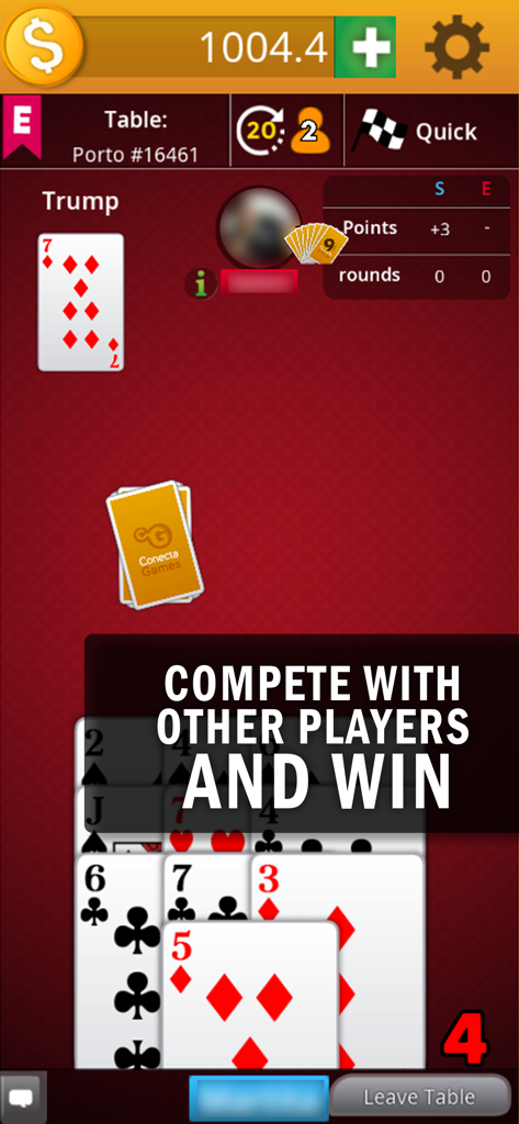 Una pantalla de juego del juego de cartas multijugador Sueca mostrando la mesa y las cartas de los jugadores.