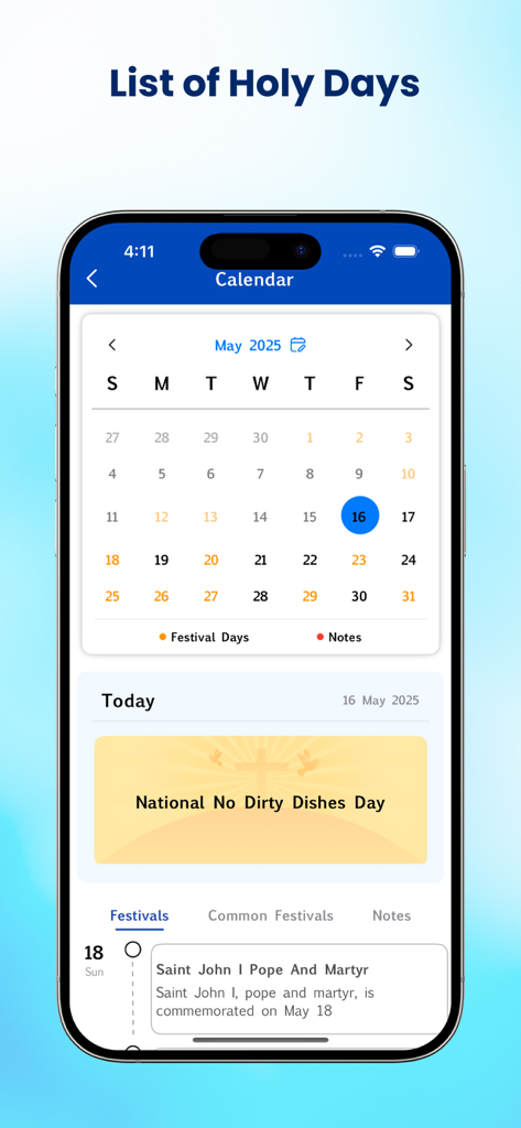 A mobile screen showing a calendar of holy days and religious festivals in the Tagalog Bible app