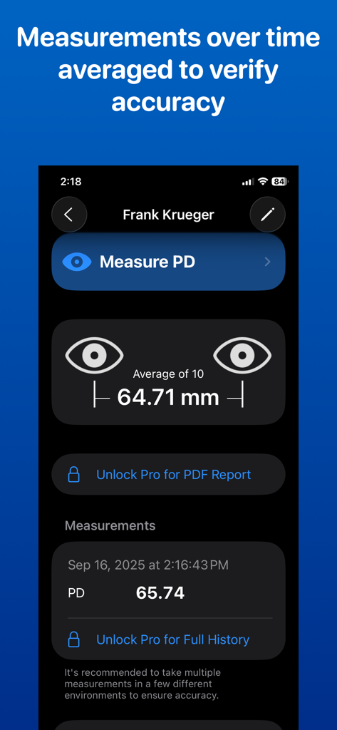 Pupillary Distance Ruler - Pupillary Distance Rulerアプリのインターフェース。平均化された測定値が表示され、精度が向上しています。