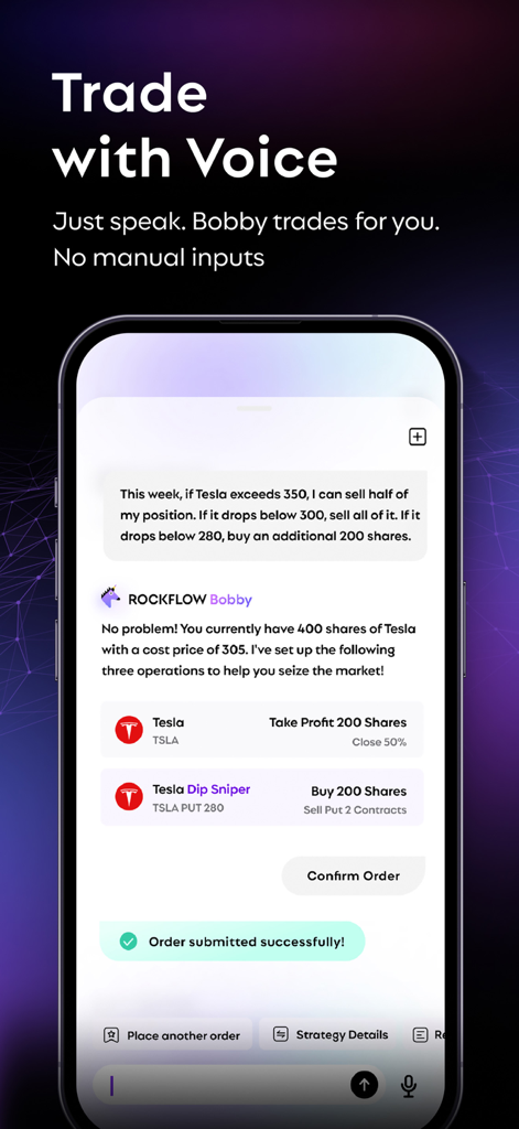 Aplicación RockFlow mostrando la operación de acciones activada por voz con Bobby AI