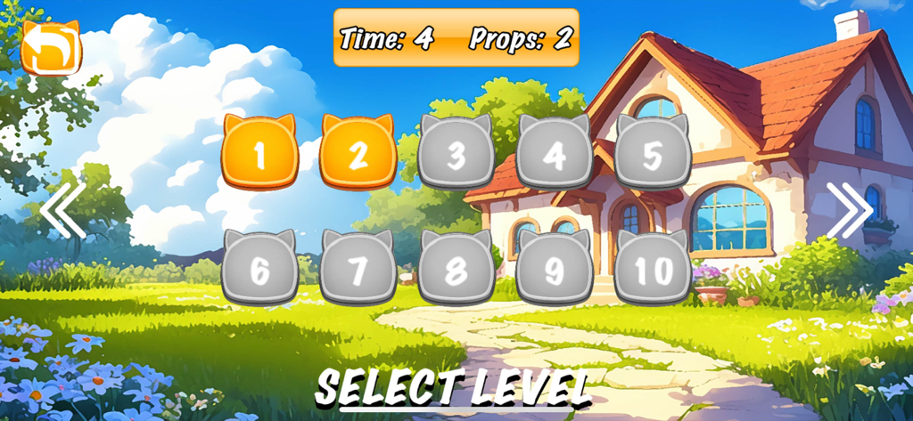 Spirit Pet Paradise - Spirit Pet Paradise level selection screen with cat shaped buttons and a cozy cottage background