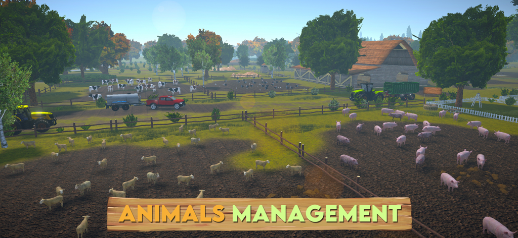 Farm Sim 2024 - Gameplay screenshot of Farm Sim 2024 showing sheep and pig pens under the title Animals Management