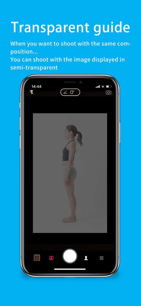 Grid line shoot  APP Pro - A mobile screen showing the transparent guide feature of the Grid line shoot APP Pro for consistent posture photo alignment.