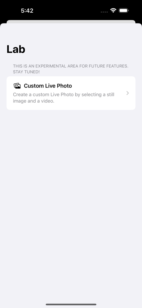 The lab interface in the Motion2Live app featuring an experimental tool to create custom Live Photos from a still image and a video