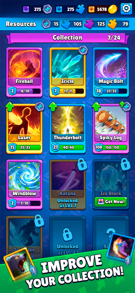 Pantalla del menú de Wizard Tower Defense mostrando una colección de hechizos mágicos mejorables como Fireball y Thunderbolt.