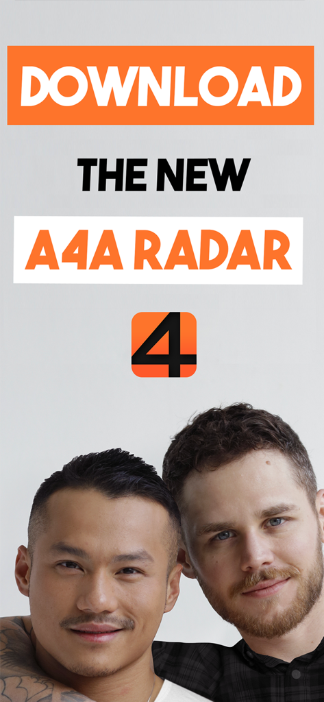 Adam4Adam Gay Dating Chat A4A - Adam4Adam A4A Radar ゲイデーティングアプリのプロモーションバナー。二人の男性が笑顔で写っている。