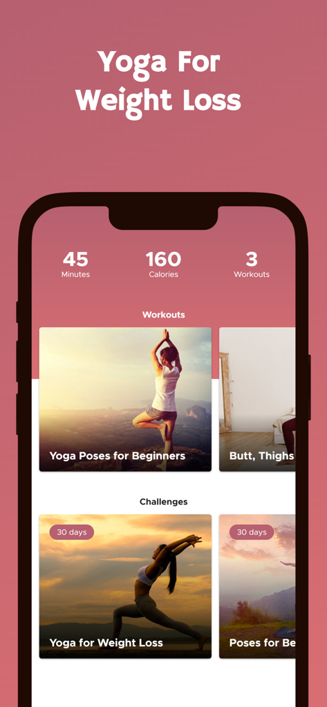 The main dashboard of the Yoga Workouts for Weight Loss app showing various workout plans and 30-day yoga challenges.