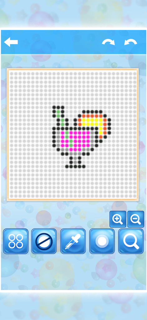 Beads Art Creator - A digital 20x20 pegboard showing a colorful bead art design of a cocktail glass with a straw