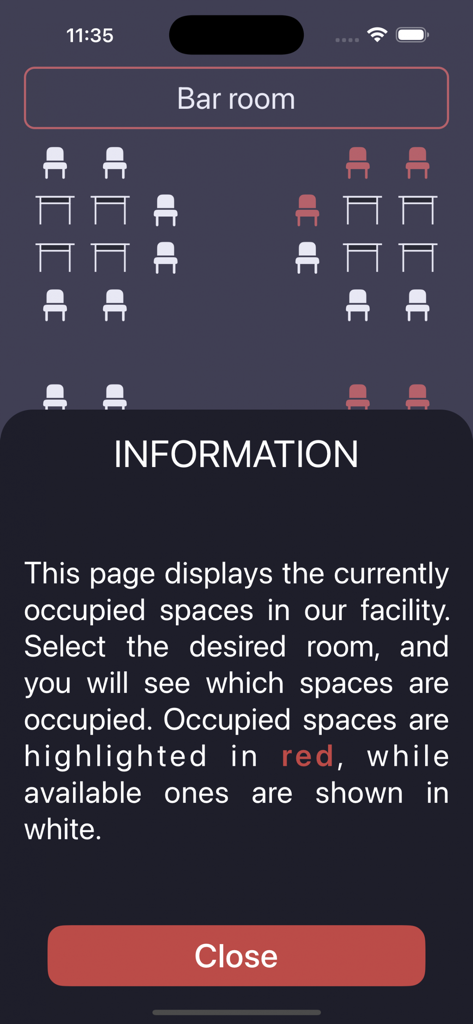 Information popup explaining seat availability status in the Bar room within the Day Winner Lounge app.