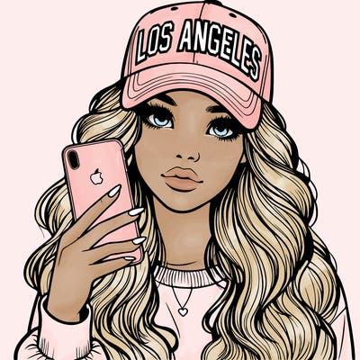 realistic beautiful girl wearing los ángeles cap holding an iphone