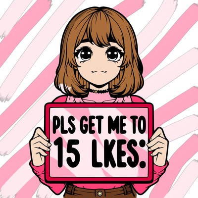 realistic girl holding up a sign that says “pls get me to 15 likes!”