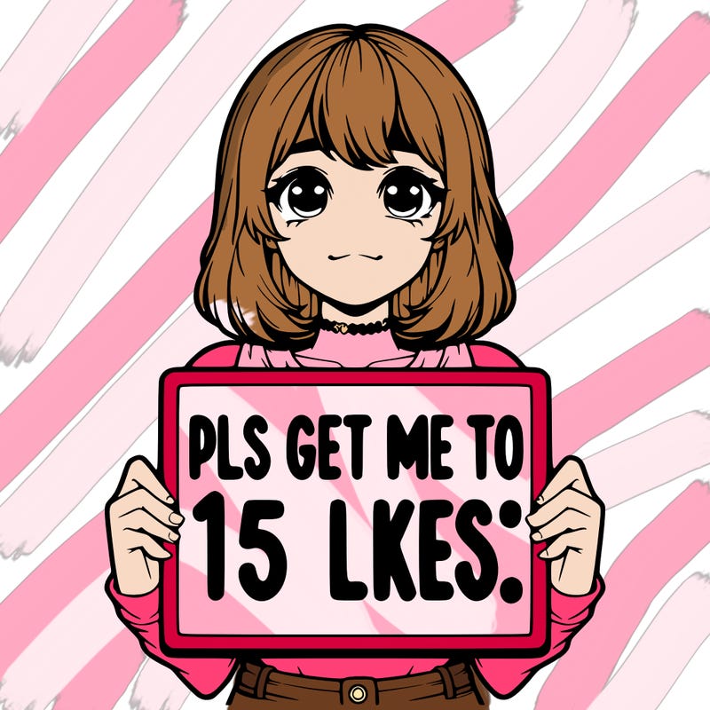 realistic girl holding up a sign that says “pls get me to 15 likes!”