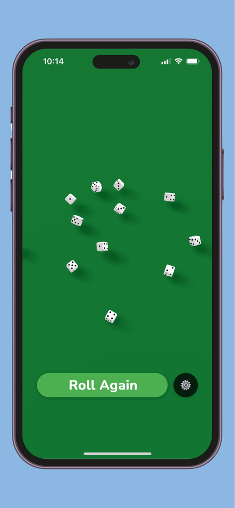 A mobile phone displaying twelve white dice scattered on a green background with a large green roll again button at the bottom