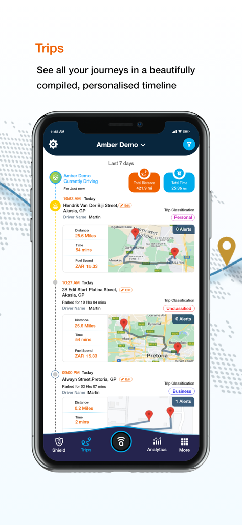 Amber Connect - A smartphone screen showing the Amber Connect app trip history timeline with maps and driving statistics