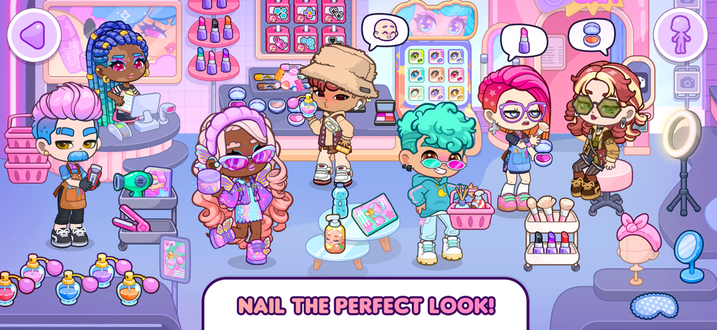 Vari avatar che personalizzano il loro aspetto con trucco e acconciature in un colorato studio di bellezza.