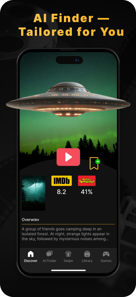 Movies Hub app interface showing AI driven movie suggestions with ratings from IMDb and Rotten Tomatoes