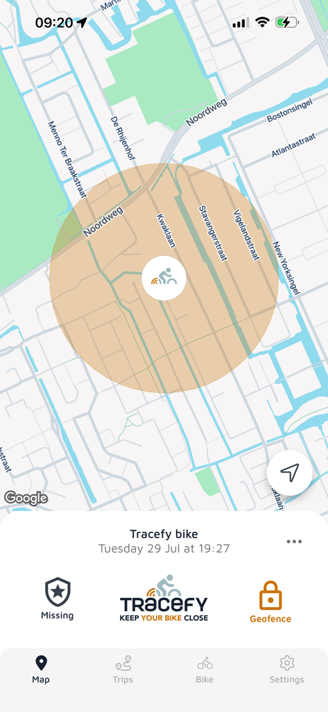 Tracefy Pro - Tracefy Pro app screen showing an e-bike location within a circular geofence zone on a map interface.
