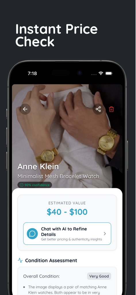 Watch Identifier and Value - Mobile app interface showing an instant price check and estimated value for a luxury watch