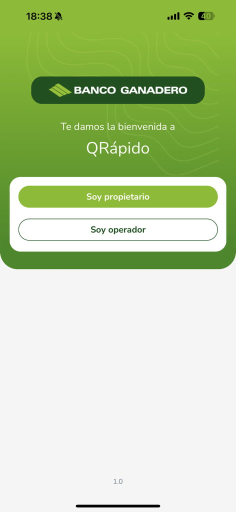 Pantalla de bienvenida de la aplicación QRápido mostrando opciones de inicio de sesión para propietarios de negocios y operadores