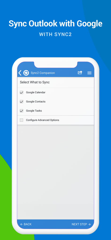 Sync2 app screen showing checkboxes to sync Google Calendar Contacts and Tasks with Outlook