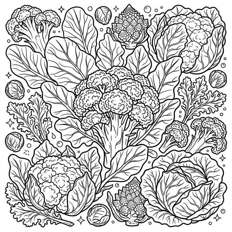 Dive into a garden of goodness with this vibrant cruciferous vegetables coloring page, featuring crisp florets and broad leaves. It's a wonderful way to relax and appreciate the beauty of nature's healthiest bounty through art.