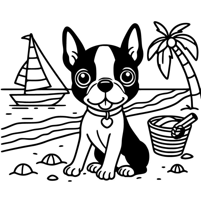 boston terrier on the beach