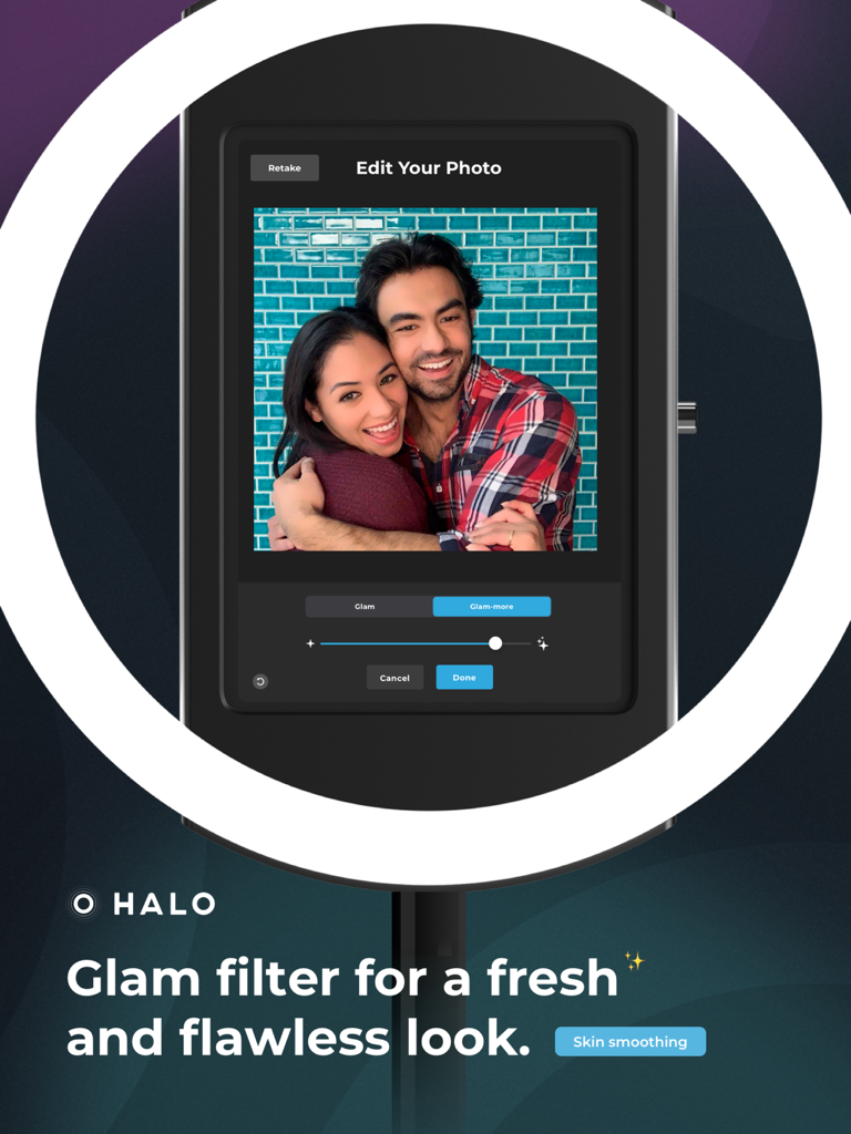 Simple Booth HALO app screen showing glam filter and skin smoothing options for a photo booth