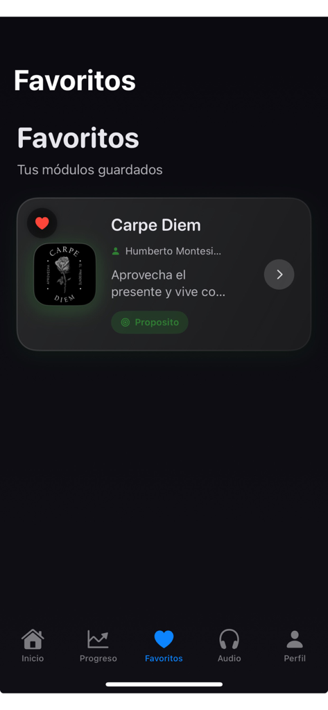 Huellas de vida - The favorites section of the Huellas de Vida app displaying a saved personal growth module named Carpe Diem.