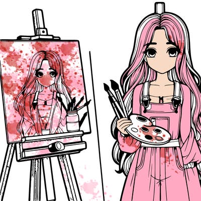 a realistic girl with long hair and shes a painter shes holding a paint pallet and easel with a blank canvas on it next to her