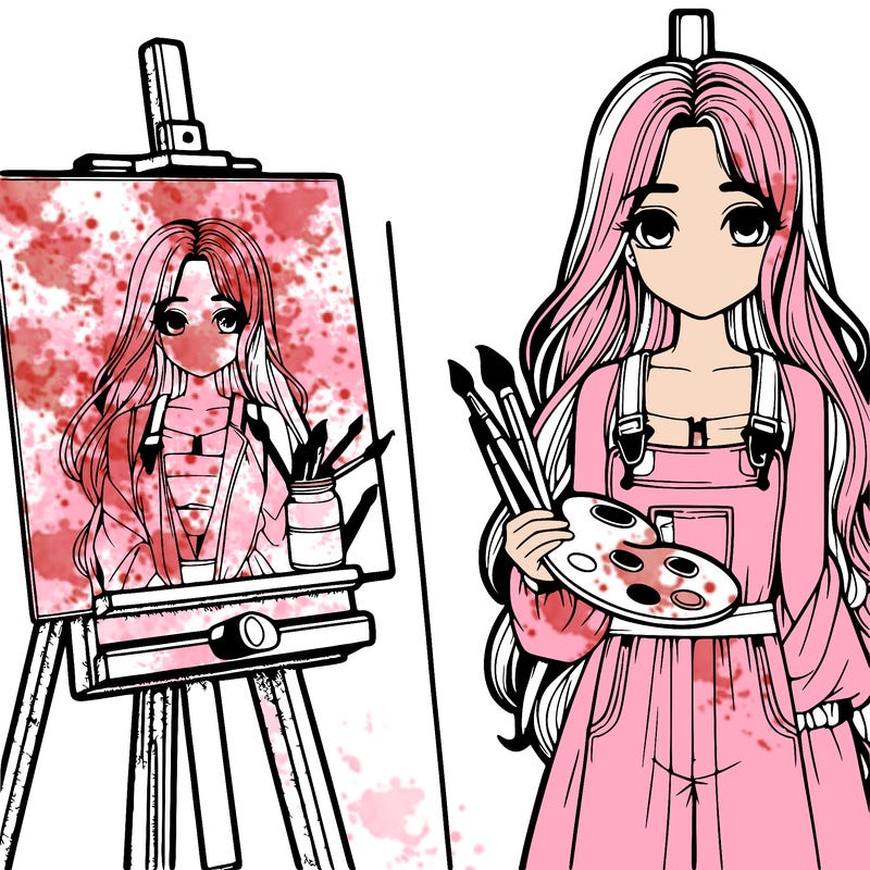 a realistic girl with long hair and shes a painter shes holding a paint pallet and easel with a blank canvas on it next to her