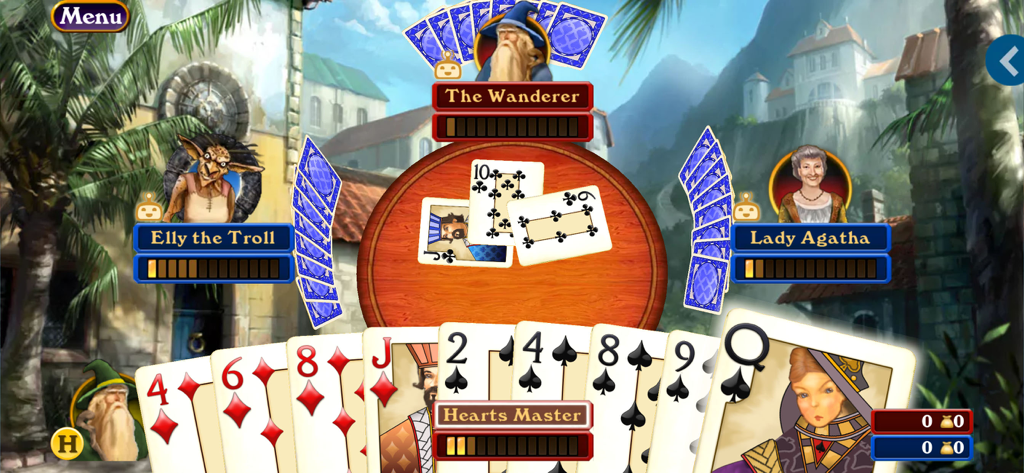 Hardwood Spades Pro - A digital spades card game match with fantasy avatars and scenic coastal background.