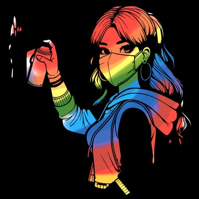 realistic girl with mask spray painting a wall