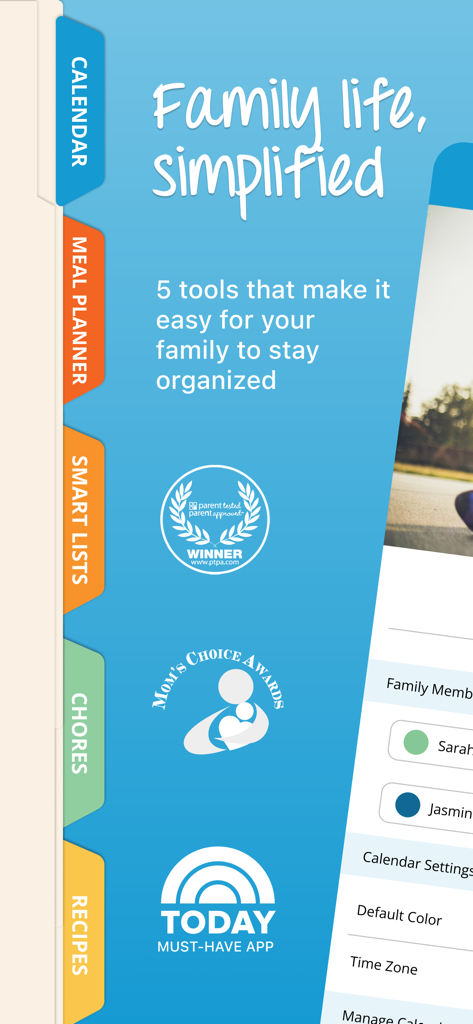 Cozi app interface showing five organization tools and major industry awards like Moms Choice and Today Show