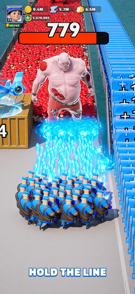 Blue soldiers firing weapons at a giant zombie boss in a line defense game scenario.