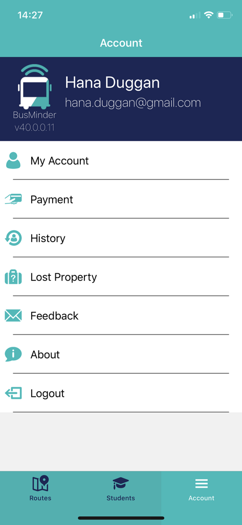 User account settings screen of the BusMinder Parent app displaying profile details and menu options like payment and history