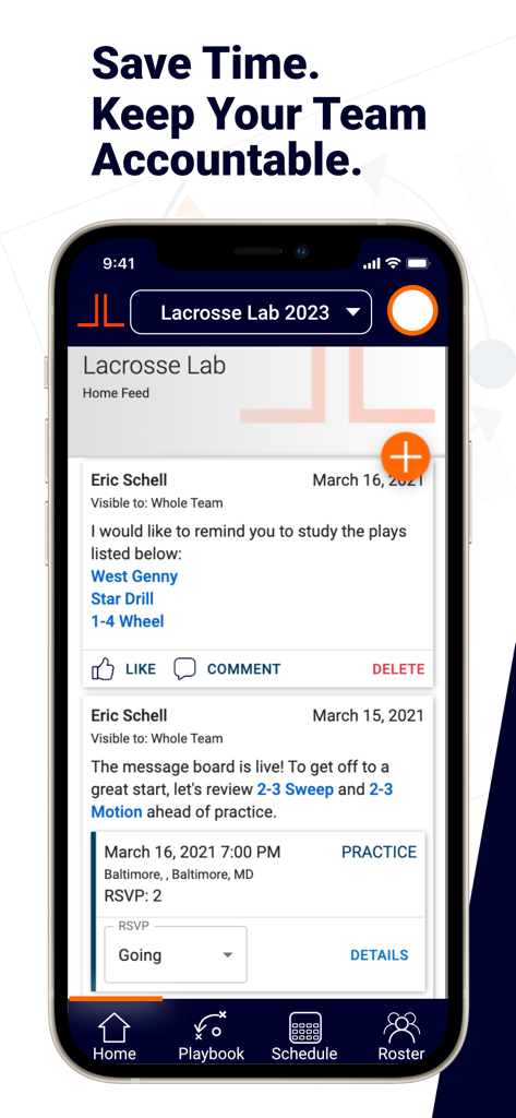 Lacrosse Lab - Lacrosse Lab app home feed displaying team message board and practice schedule details
