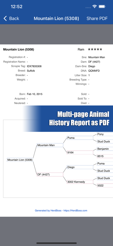 HerdBoss - HerdBoss mobile app displaying a detailed animal history report and pedigree chart