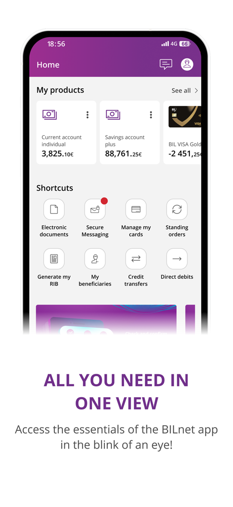 Pantalla de inicio de la aplicación de banca móvil BILnet que muestra los saldos de las cuentas corrientes y de ahorro con atajos de acción rápida