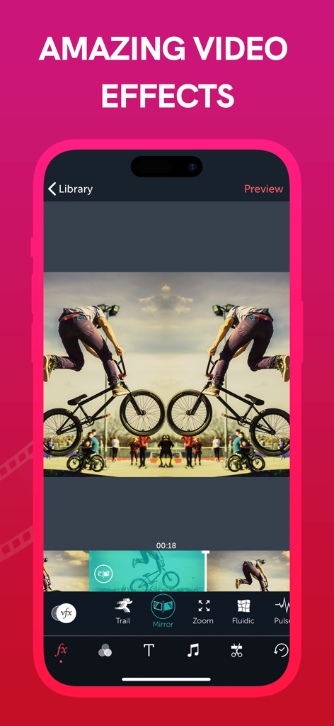 Vizmato: Video Editor & Maker - Vizmato mobile app screen showing a video being edited with a mirror effect and various FX tools
