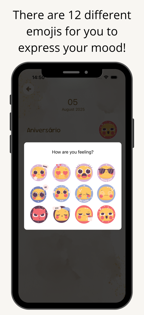 MyMind Diary - Interfaz que muestra doce emojis expresivos diferentes para el seguimiento del estado de ánimo en la aplicación MyMind Diary.