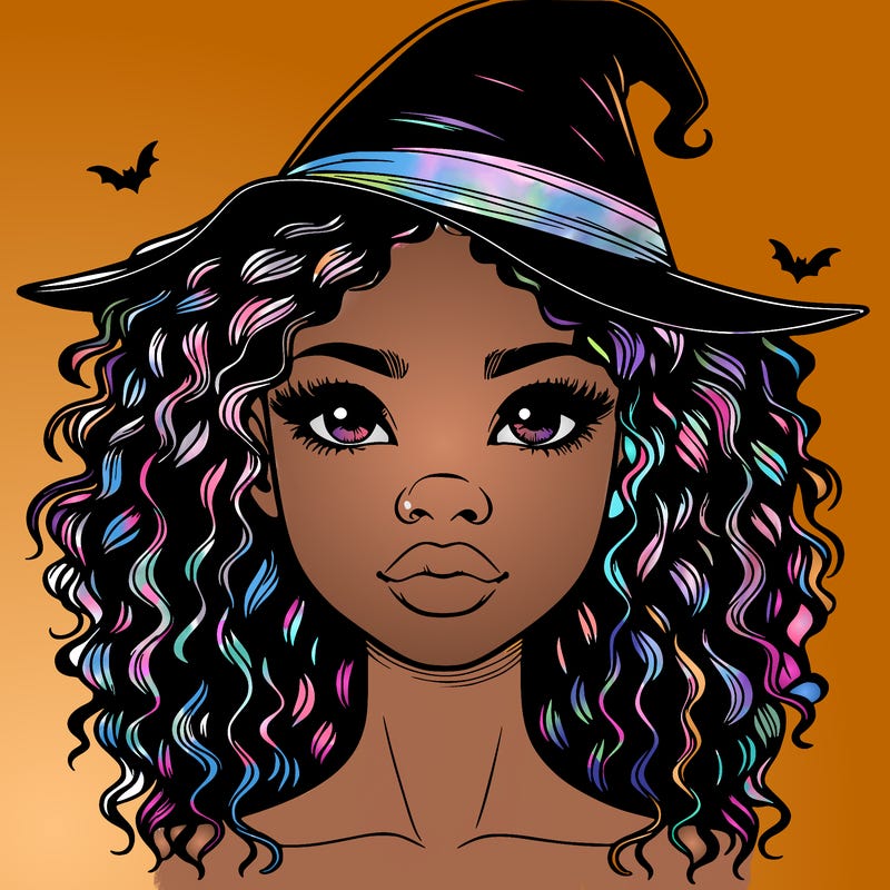 realistic black girl with wavy hair and witch hat and nose and lips