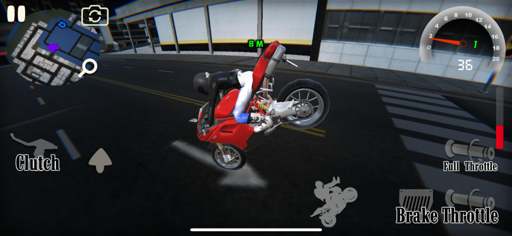 Wheelie King 4 - Una moto deportiva roja realizando una acrobacia de endo en el juego móvil Wheelie King 4 mostrando los controles de embrague y acelerador.