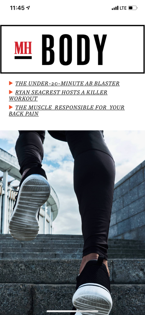 Interfaz de la aplicación Men's Health Magazine con artículos de fitness y una persona subiendo escaleras