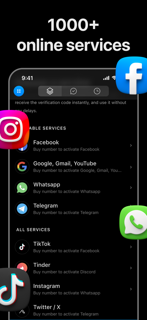 La interfaz de la aplicación Getcode Pro muestra una amplia gama de servicios de redes sociales compatibles para la verificación de números de teléfono virtuales.